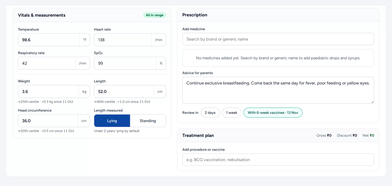 NeftX vitals and prescription panel for a newborn review: vitals in range, weight 3.6 kg at the 25th centile, breastfeeding advice for parents and a review date set with the 6-week vaccines