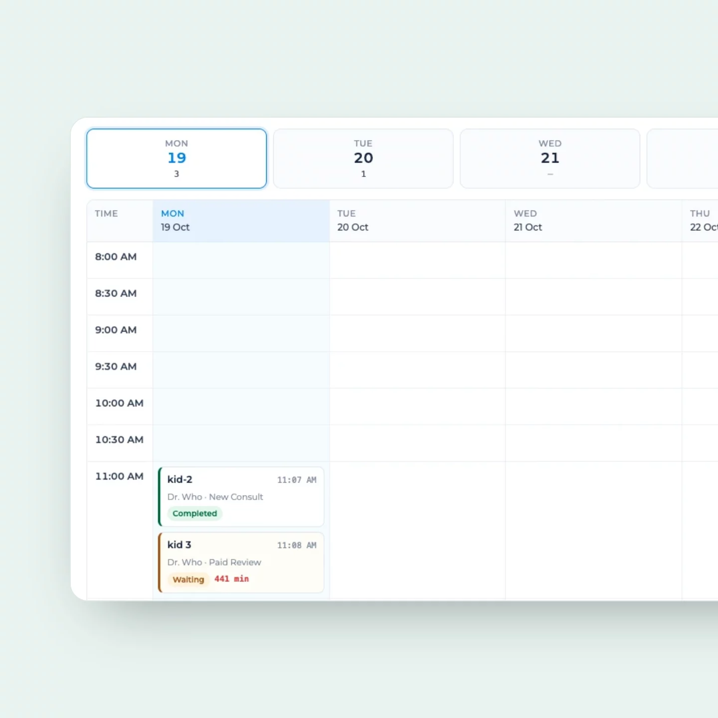 NeftX appointment calendar with the day’s consultations and their status