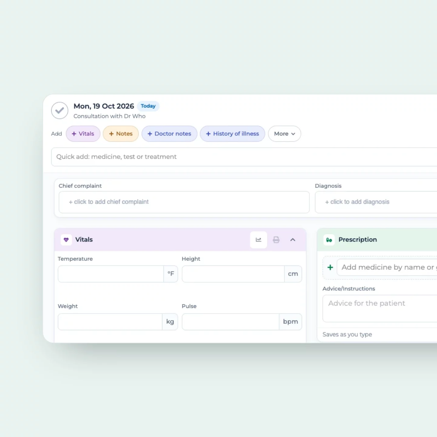NeftX consultation screen with chief complaint, diagnosis, vitals and prescription